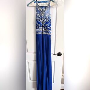 Blue Sequin Embellished Halter Prom Gown